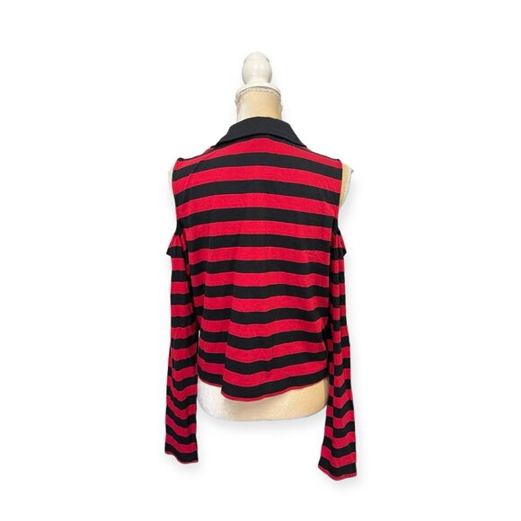 Hot Topic Black & Red Stripe Cold Shoulder Long Sleeve Polo Shirt Size M Medium - Picture 3 of 6